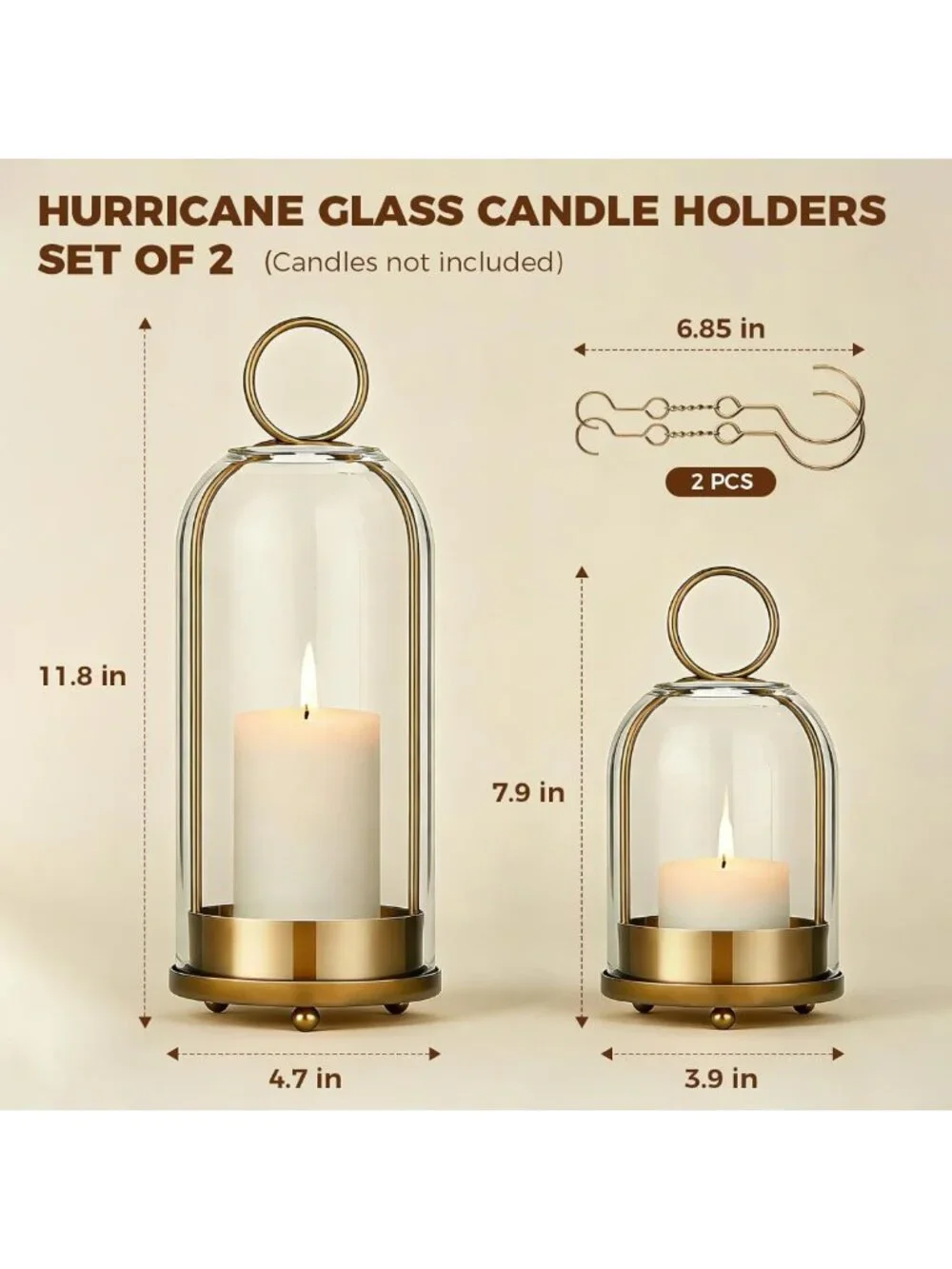 Set of 2 Hurricane Glass Candle Holders - Brass Hanging Pillar Candle Decor